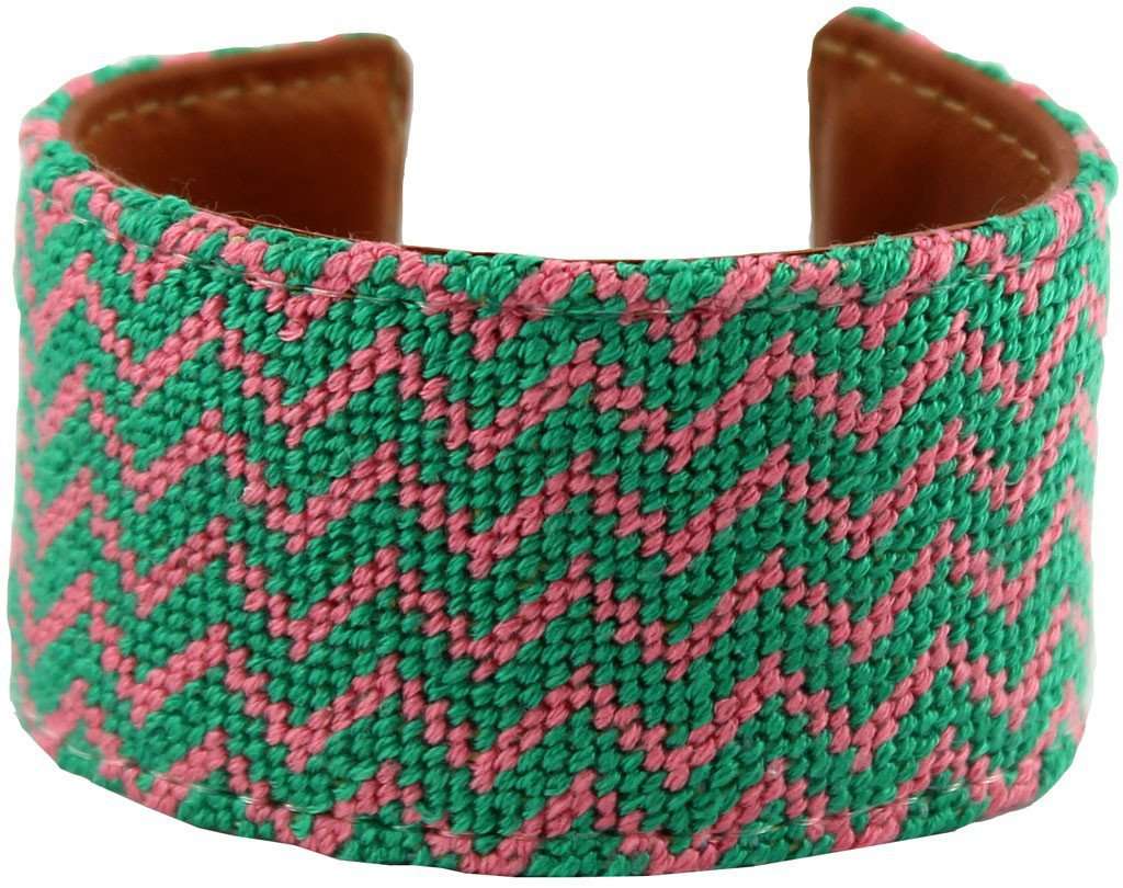 Pink and Green Chevron Needlepoint Cuff Bracelet by York Designs - Country Club Prep
