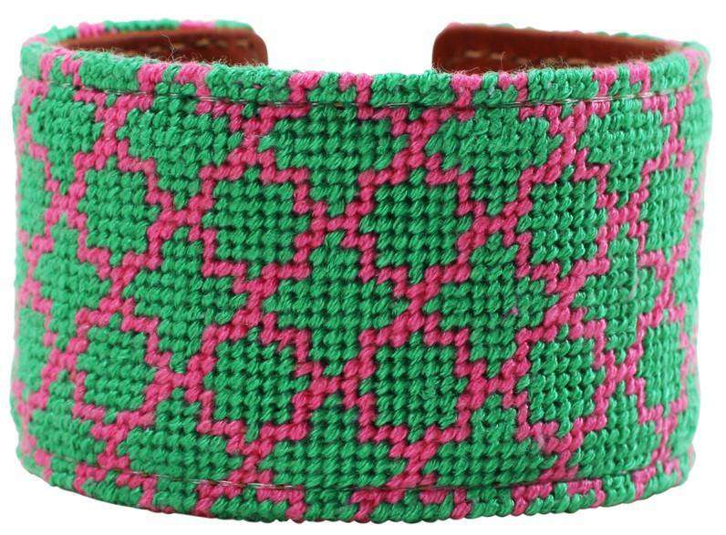 Pink and Green Quatrafoil Needlepoint Cuff Bracelet by York Designs - Country Club Prep