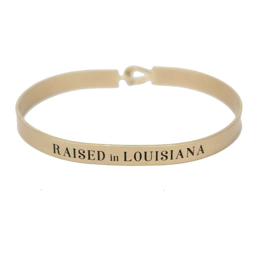 Raised in Louisiana Engraved Brass Hook Bracelet in Gold by Country Club Prep - Country Club Prep