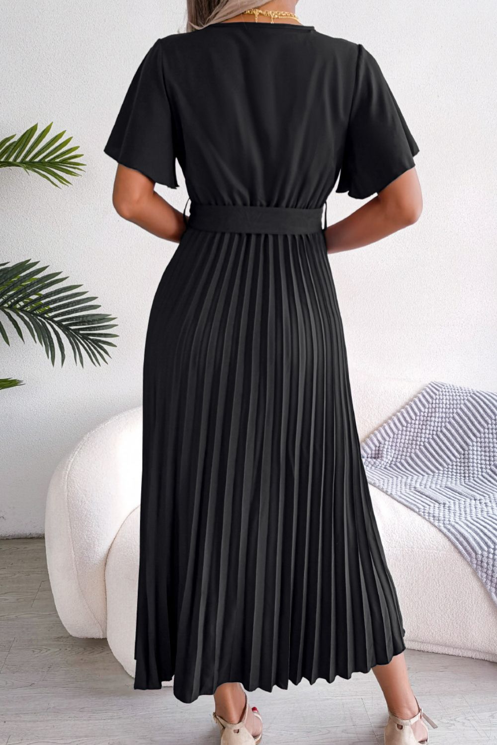 Pleated Flutter Sleeve Belted Dress  Country Club Prep