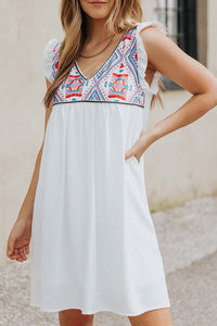 Ruffled Geometric V-Neck Sleeveless Dress - Country Club Prep