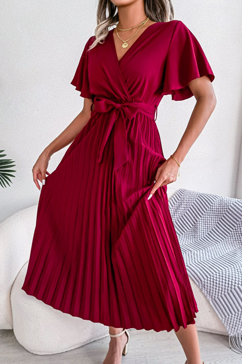 Pleated Flutter Sleeve Belted Dress Red / XL Pleated Flutter Sleeve Belted Dress Red / XL