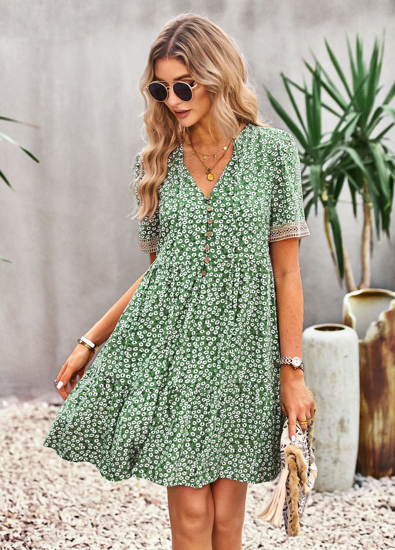 Floral Buttoned Puff Sleeve Dress - Country Club Prep