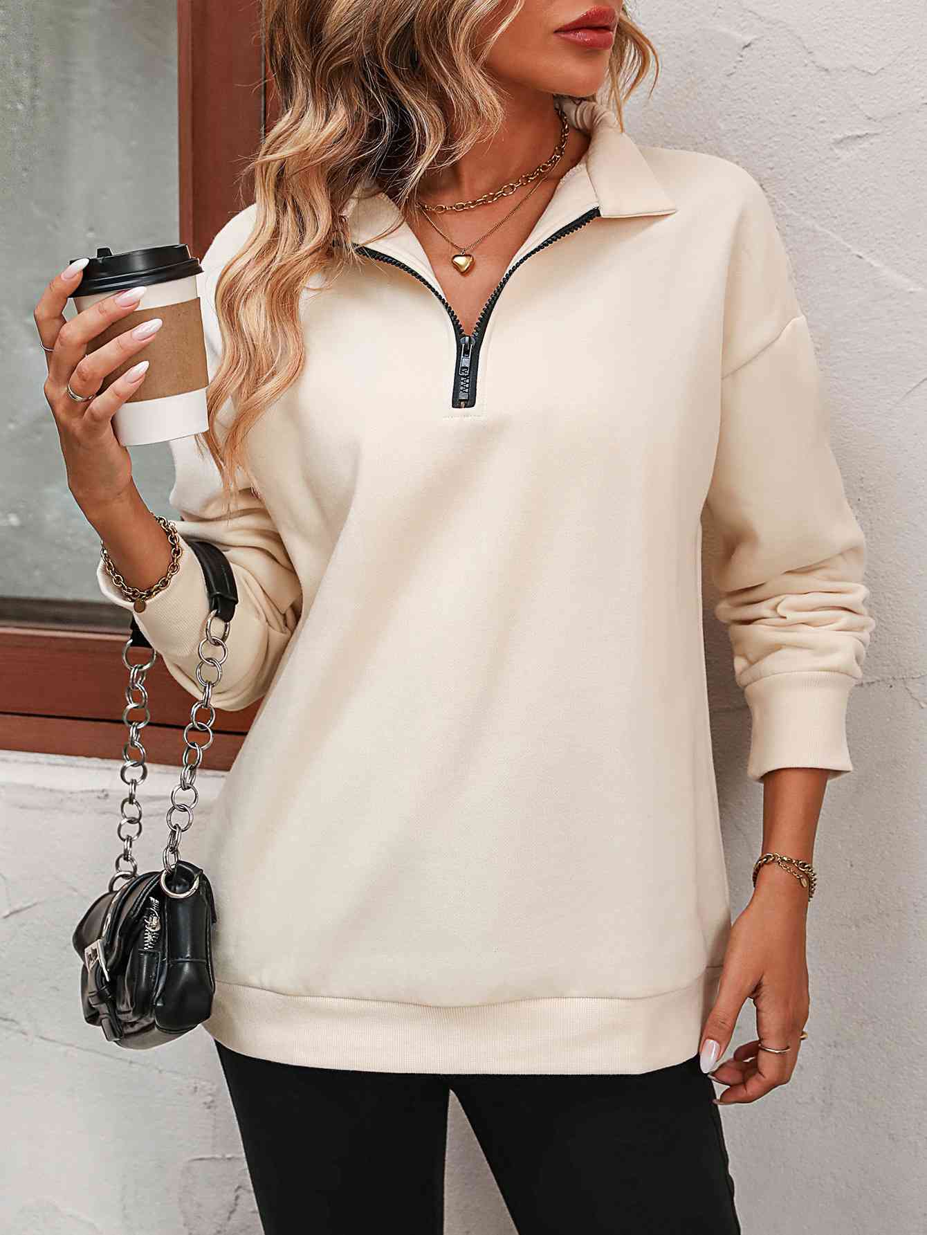 Zip-Up Dropped Shoulder Sweatshirt - Country Club Prep