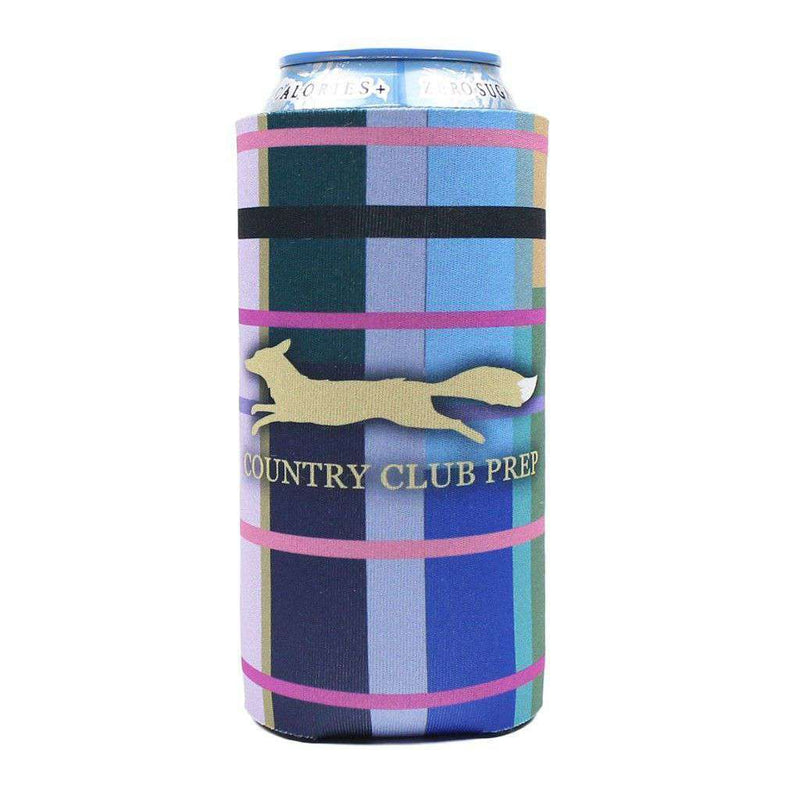 16 oz  "Tall Boy" Madras Plaid Can Holder in Navy by Country Club Prep - Country Club Prep