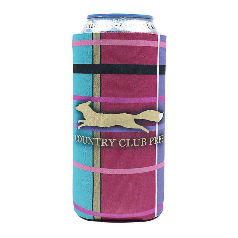 16 oz  "Tall Boy" Madras Plaid Can Holder in Navy by Country Club Prep - Country Club Prep