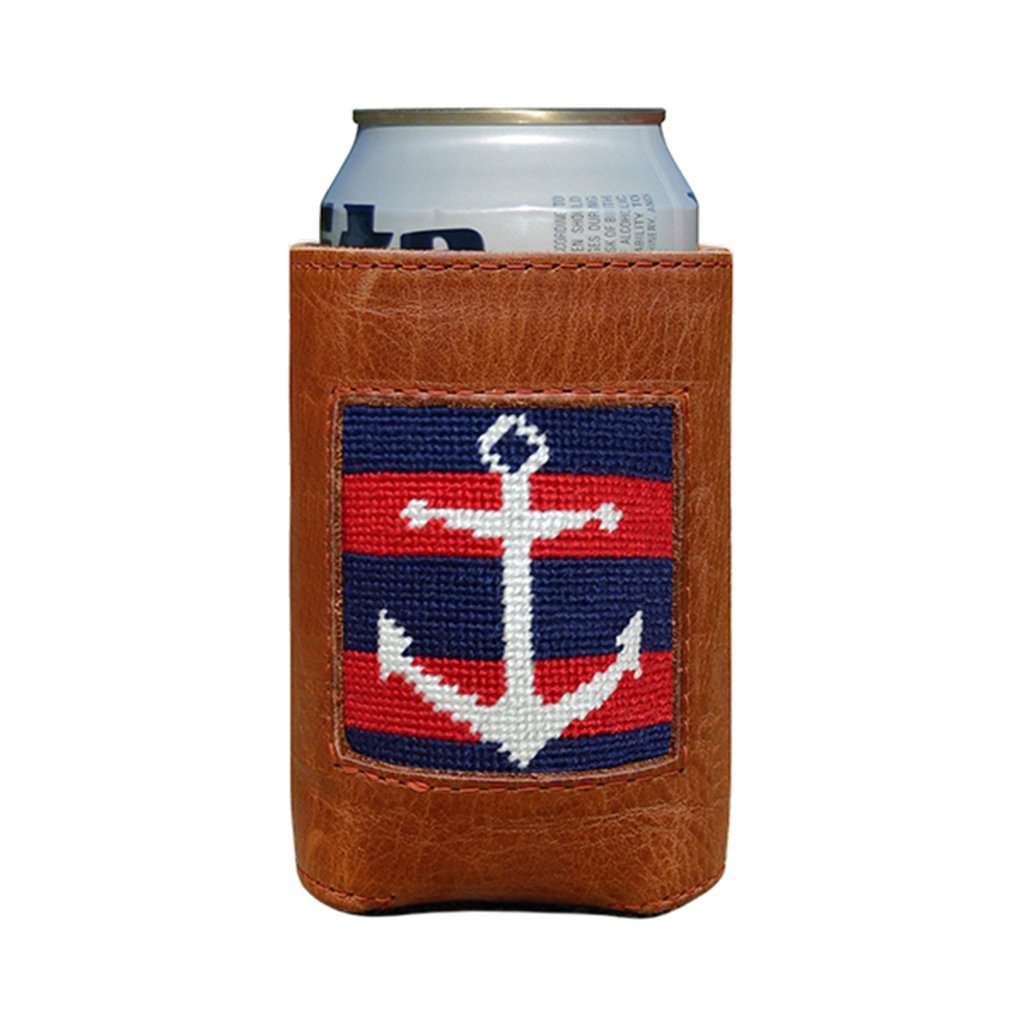 Striped Anchor Needlepoint Can Cooler in Dark Navy & Red by Smathers & Branson - Country Club Prep