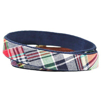 Cape Cod Madras Leather Tab Belt on Navy Canvas by Country Club Prep - Country Club Prep