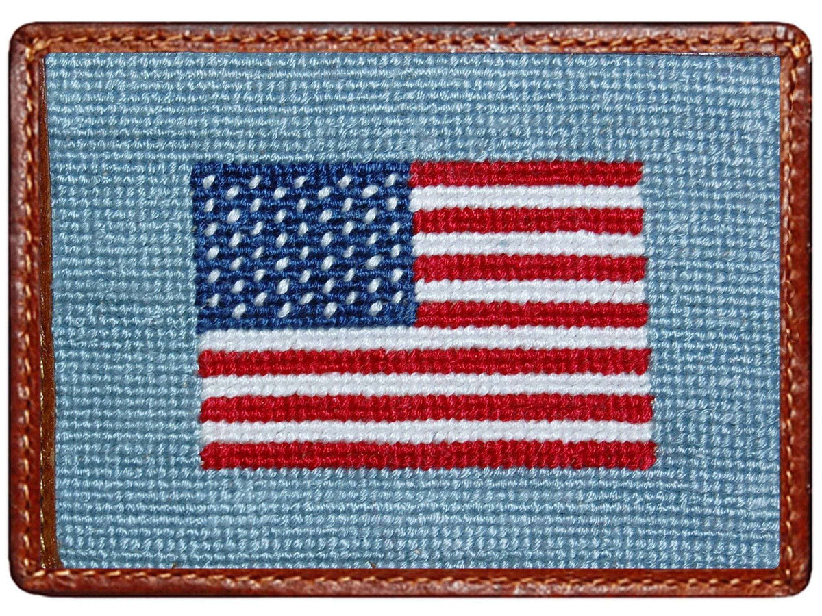 American Flag Needlepoint Credit Card Wallet in Antique Blue by Smathers & Branson - Country Club Prep