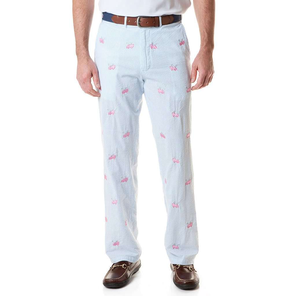 Harbor Pant in Blue Seersucker with Embroidered Flying Pig by Castaway Clothing - Country Club Prep