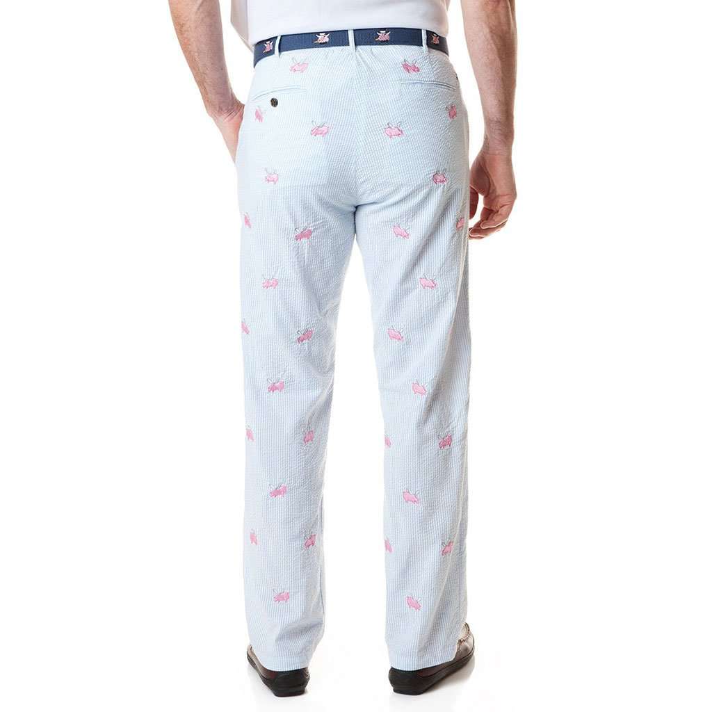 Harbor Pant in Blue Seersucker with Embroidered Flying Pig by Castaway Clothing - Country Club Prep