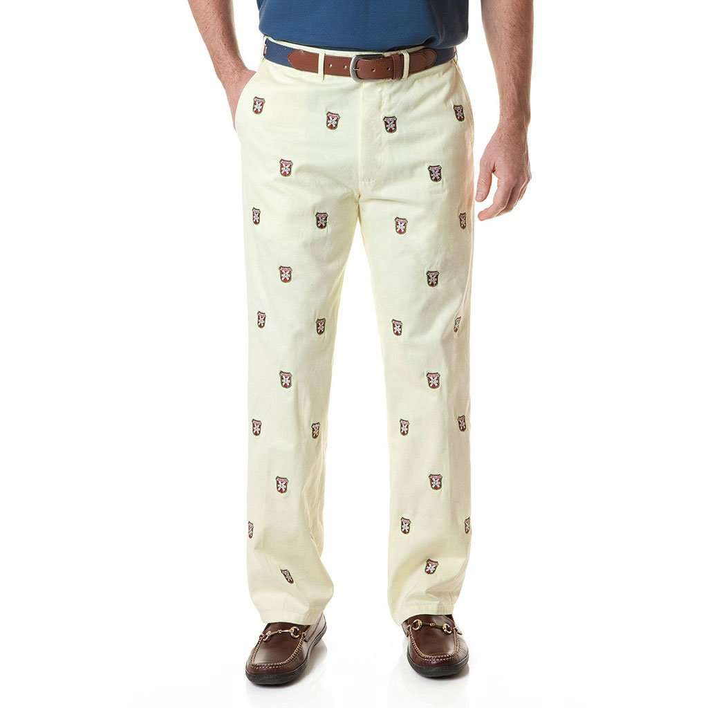 Harbor Pant in Citrus with Embroidered Bushwood Crest by Castaway Clothing - Country Club Prep