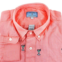 Chase Long Sleeve Shirt in Coral Linen with Embroidered Martinis by Castaway Clothing - Country Club Prep