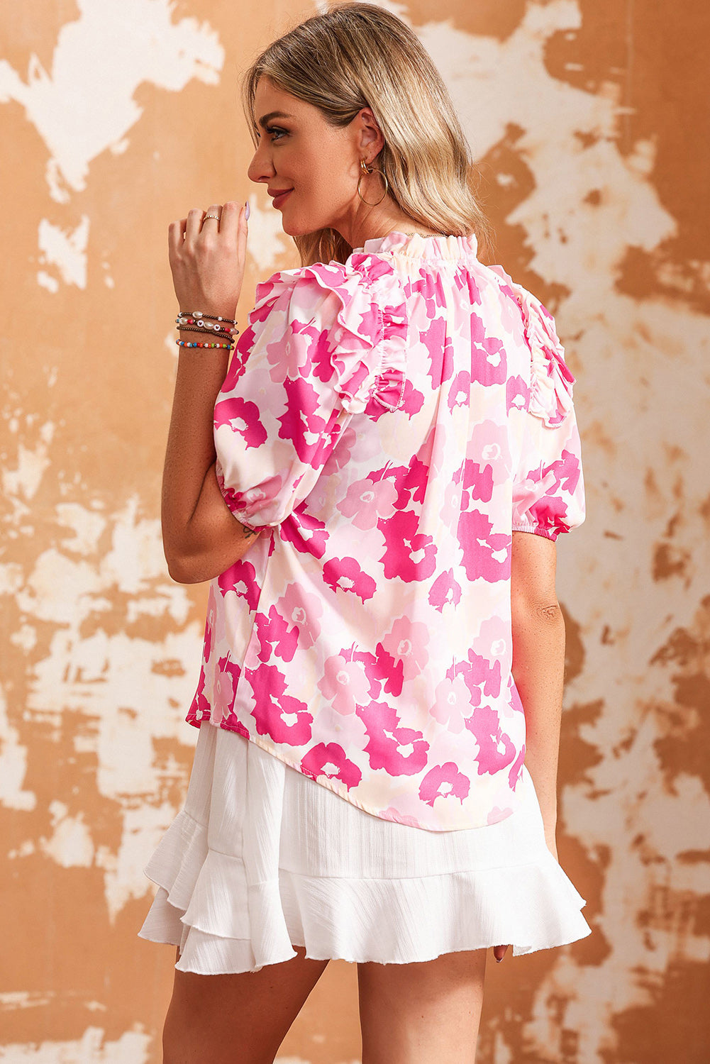 Floral Tie Neck Ruffle Shoulder Blouse - Country Club Prep