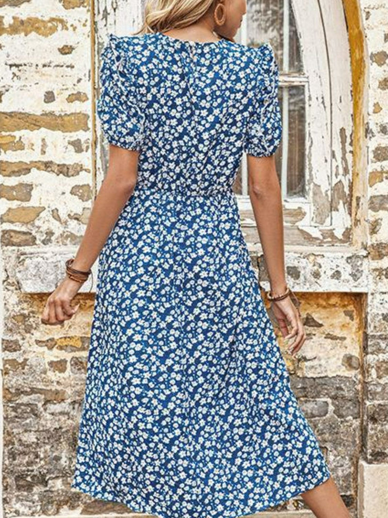 Floral Round Neck Split Midi Dress - Country Club Prep