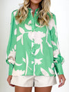 Printed Button Up Lantern Sleeve Shirt - Country Club Prep