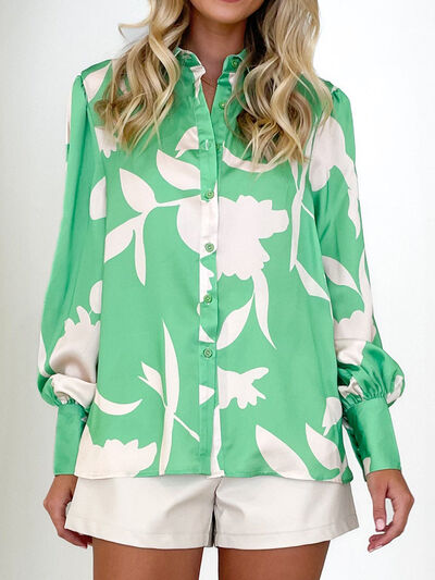 Printed Button Up Lantern Sleeve Shirt - Country Club Prep