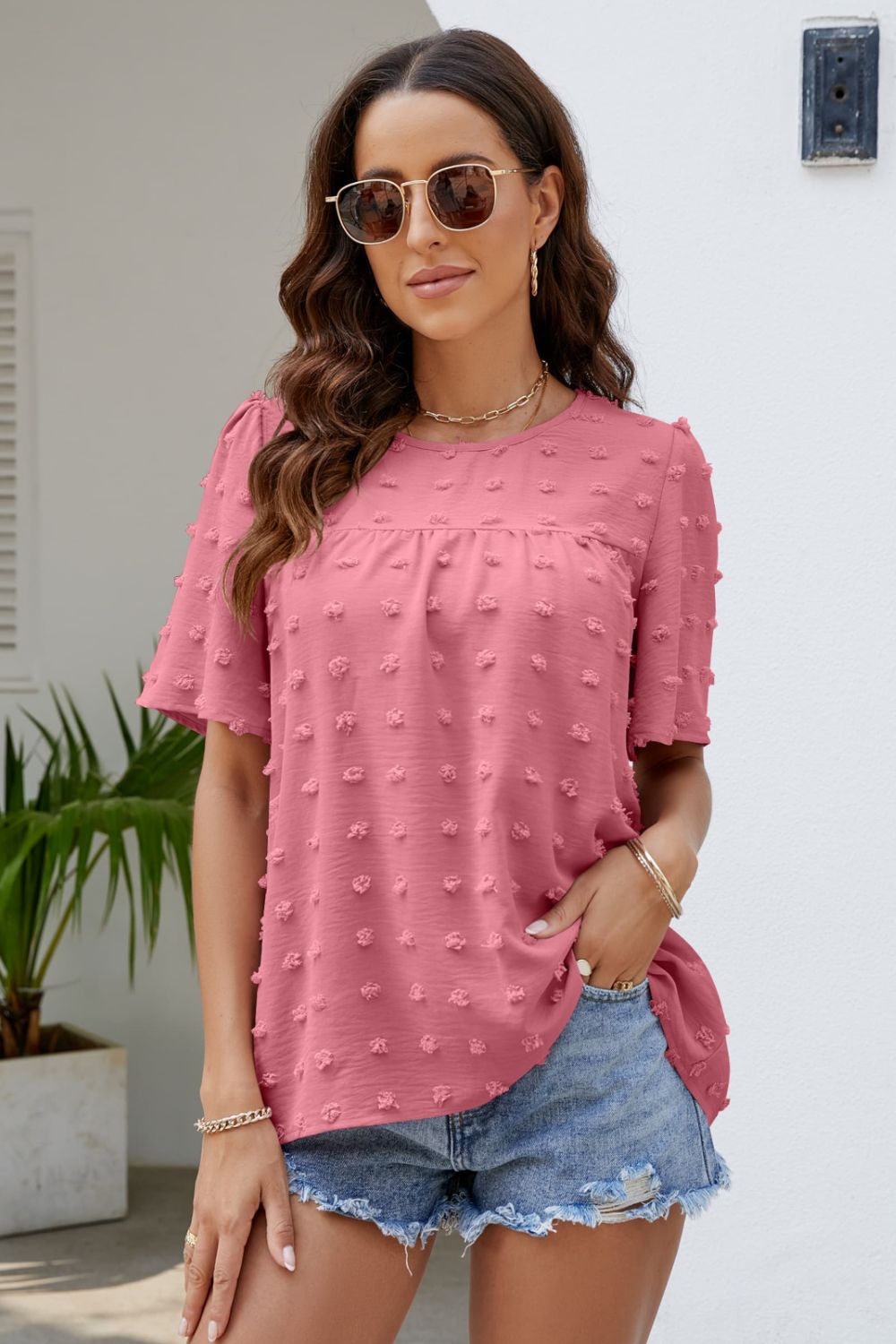 Swiss Dot Puff Sleeve Round Neck Blouse - Country Club Prep