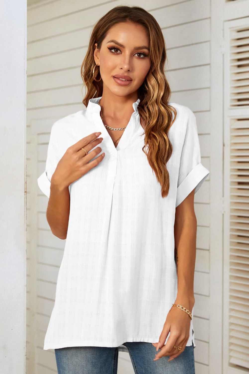 Notched Neck Slit Cuffed Blouse - Country Club Prep