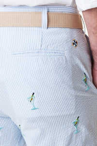 Embroidered Cisco Shorts Blue Seersucker with Martini Glasses by Castaway Clothing - Country Club Prep