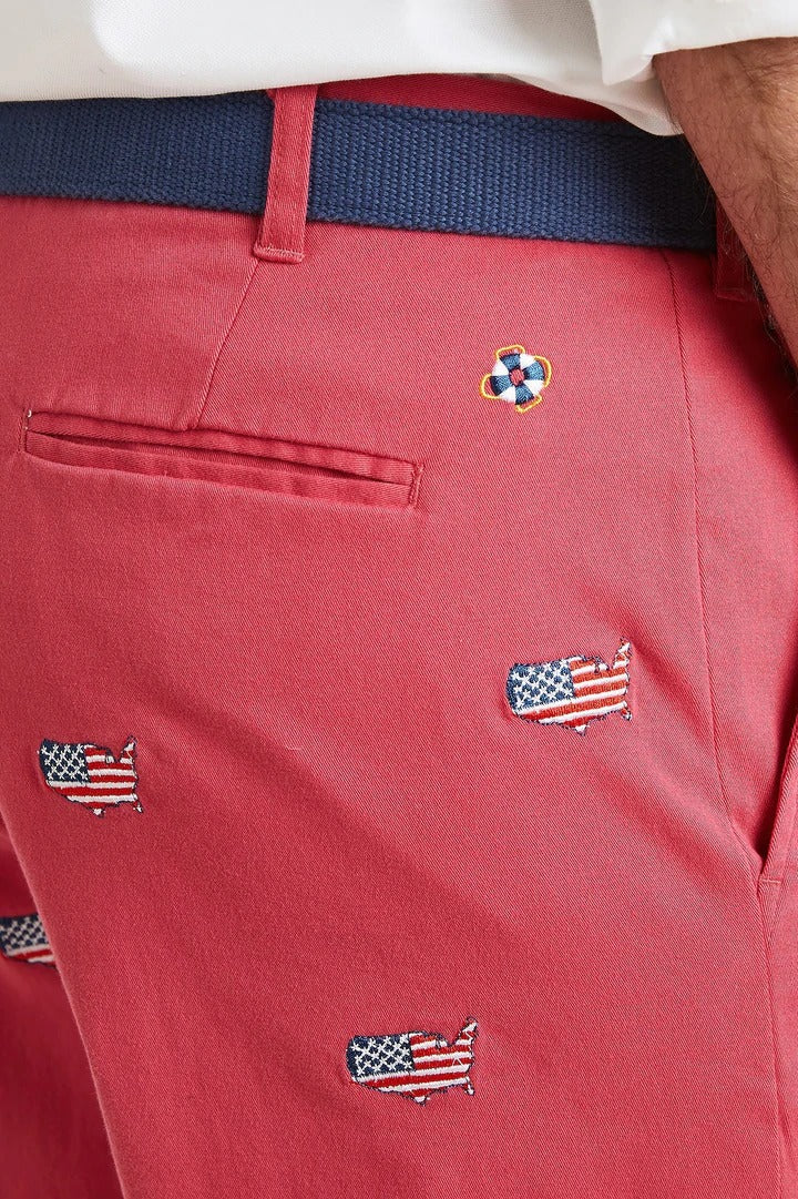 Stretch Twill Cisco Short with Embroidered American Flag Map by Castaway Clothing - Country Club Prep