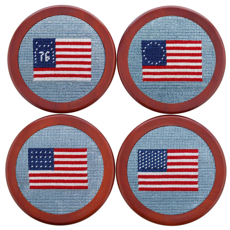 American Flag Needlepoint Coasters in Antique Blue by Smathers & Branson - Country Club Prep