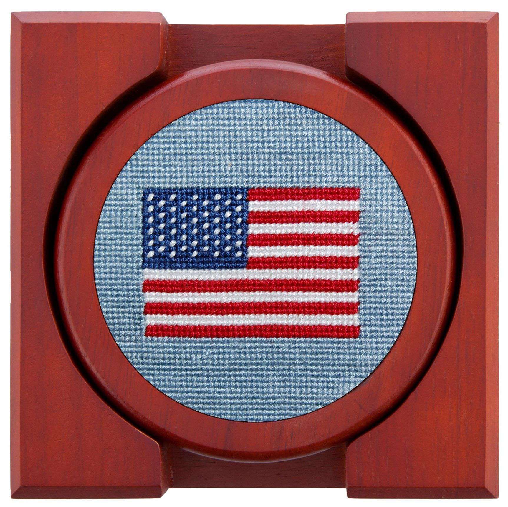 American Flag Needlepoint Coasters in Antique Blue by Smathers & Branson - Country Club Prep