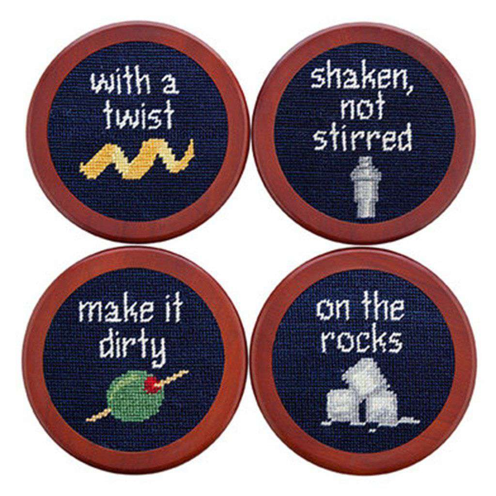 Cocktail Orders Needlepoint Coasters in Dark Navy by Smathers & Branson - Country Club Prep