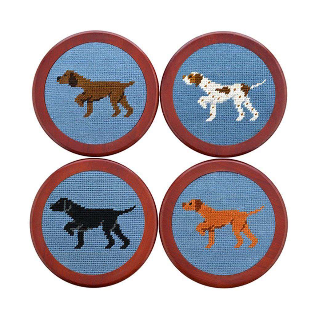 Dogs on Point Needlepoint Coasters in Steel Blue by Smathers & Branson - Country Club Prep