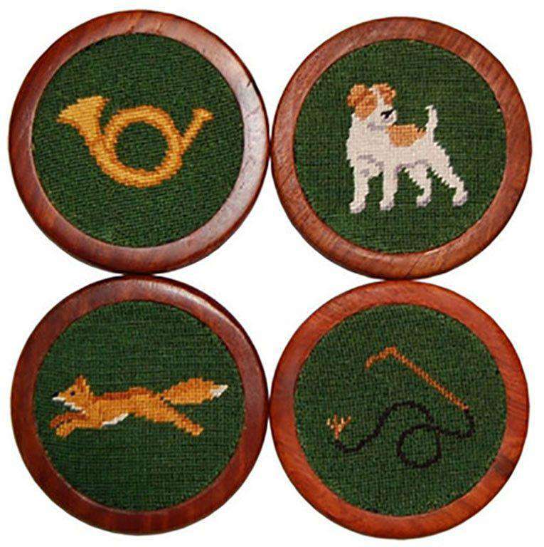 Fox Hunt Needlepoint Coasters in Green by Smathers & Branson - Country Club Prep