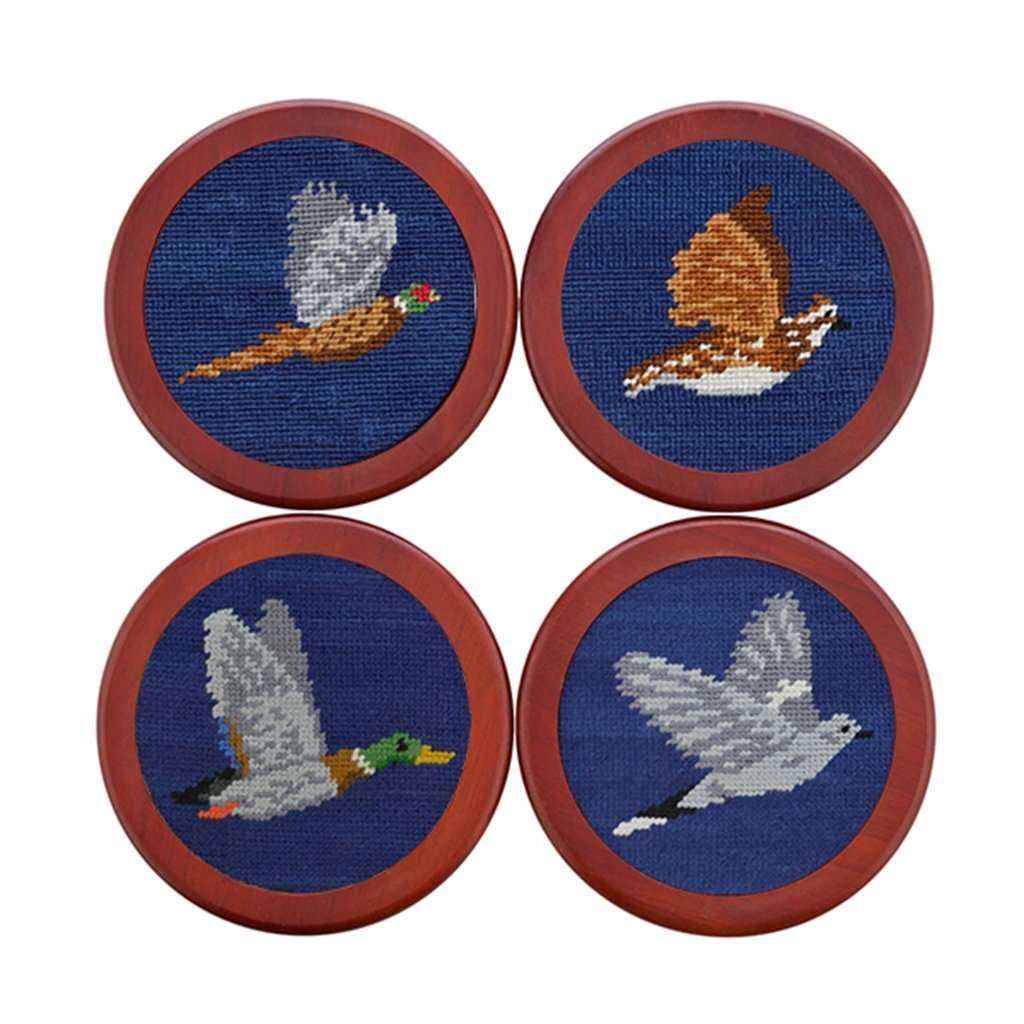 Game Birds Needlepoint Coasters in Classic Navy by Smathers & Branson - Country Club Prep