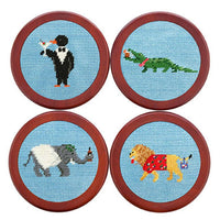 Party Animals Needlepoint Coasters in Light Blue by Smathers & Branson - Country Club Prep