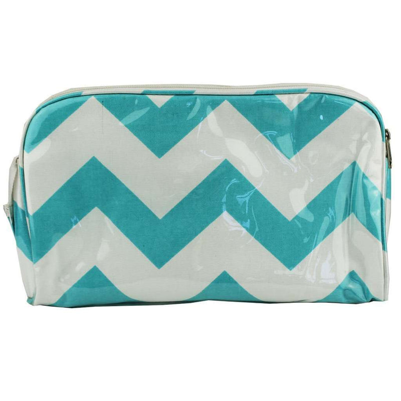 Large Cosmetic Bag in Aqua Zig Zag by Queen Lane - Country Club Prep