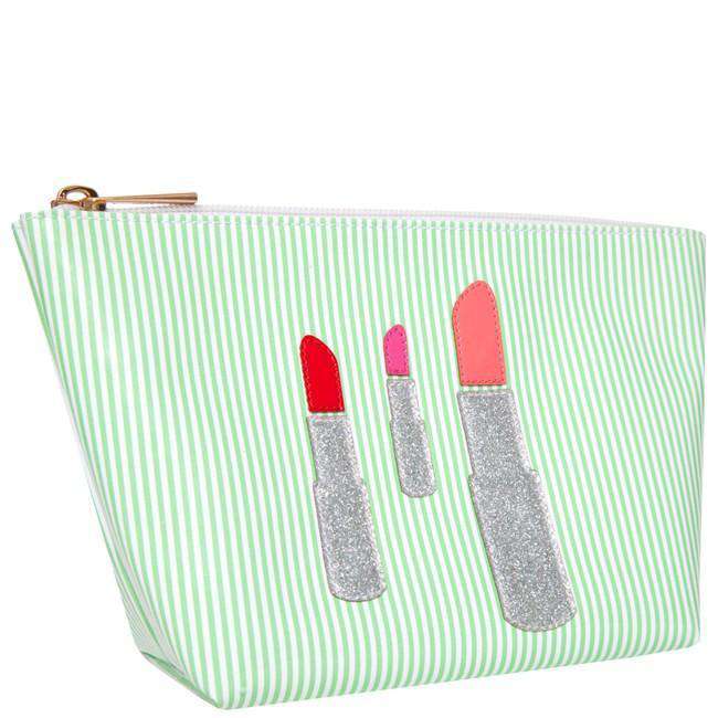 Medium Avery Case in Green Stripe with Silver Glitter Lipstick by Lolo - Country Club Prep