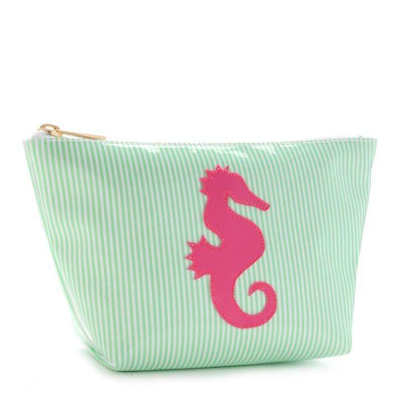 Medium Avery Case in Green Stripes wtih Pink Seahorse by Lolo - Country Club Prep