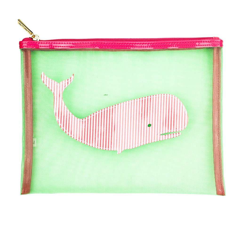 Mesh Stanley Case in Green with Pink Striped Whale by Lolo - Country Club Prep