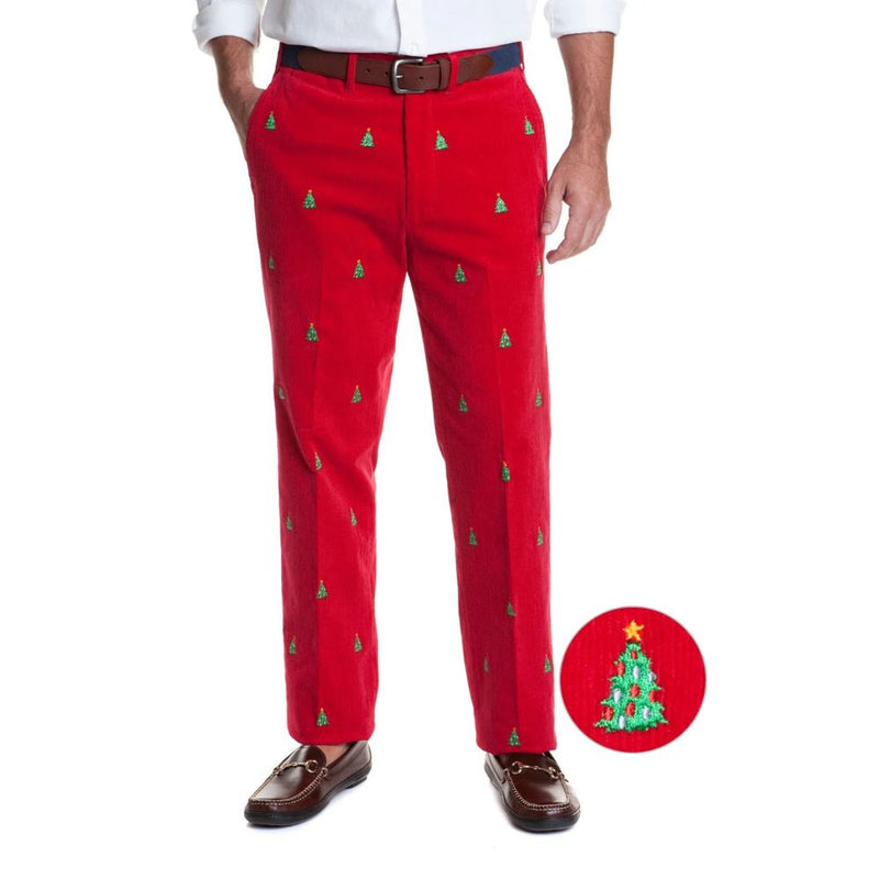 Beachcomber Corduroy Pants in Crimson with Embroidered Christmas Tree by Castaway Clothing - Country Club Prep