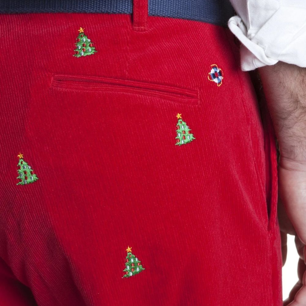 Beachcomber Corduroy Pants in Crimson with Embroidered Christmas Tree by Castaway Clothing - Country Club Prep