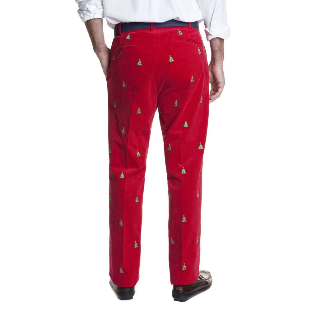 men's christmas dress pants Beachcomber Corduroy in Crimson with Embroidered Tree by Castaway Clothing Pairs with a white Hot Yellow Halter Open DECSOS30 Color:Clementine Shantung