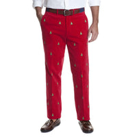 Beachcomber Corduroy Pants in Crimson with Embroidered Christmas Tree by Castaway Clothing - Country Club Prep