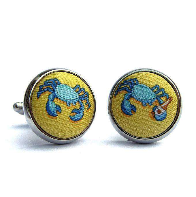 Drunken Crab Silk Fabric Cufflinks in Yellow by Bird Dog Bay - Country Club Prep