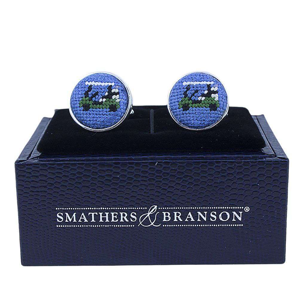 Golf Cart Needlepoint Cufflinks in Blueberry Blue by Smathers & Branson - Country Club Prep