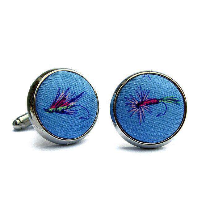 Hooked on Flies Silk Fabric Cufflinks in Light Blue by Bird Dog Bay - Country Club Prep