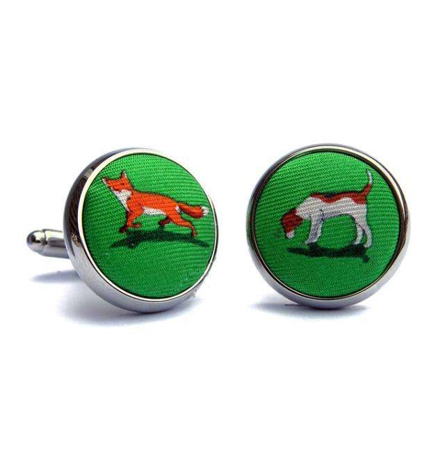 On the Scent Fox and Hound Silk Fabric Cufflinks in Lime by Bird Dog Bay - Country Club Prep