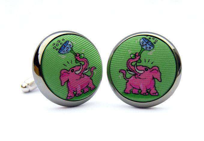 Pink Elephant Silk Fabric Cufflinks in Soft Green by Bird Dog Bay - Country Club Prep