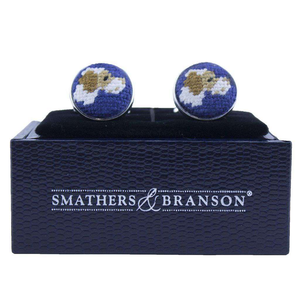 Pointer Needlepoint Cufflinks in Blue by Smathers & Branson - Country Club Prep