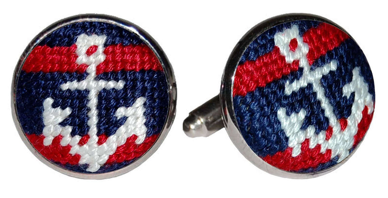 Striped Anchor Needlepoint Cufflinks by Smathers & Branson - Country Club Prep