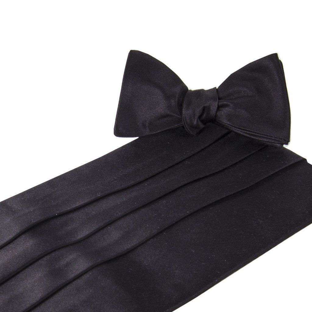 Classic Solid Black Satin Cummerbund and Bow Set by Collared Greens - Country Club Prep