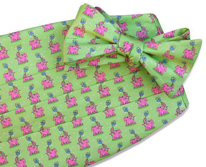 Pink Elephant Cummerbund Set in Green by Bird Dog Bay - Country Club Prep