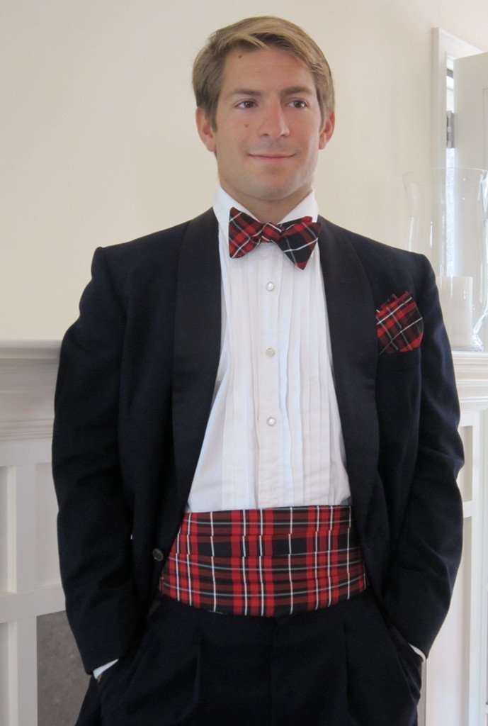Plaid Silk Bow Tie and Cummerbund Set in Black, Red, and White by Just Madras - Country Club Prep
